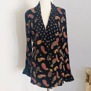 Vintage 1990s Black Blouse Colorful Paisley size small-medium